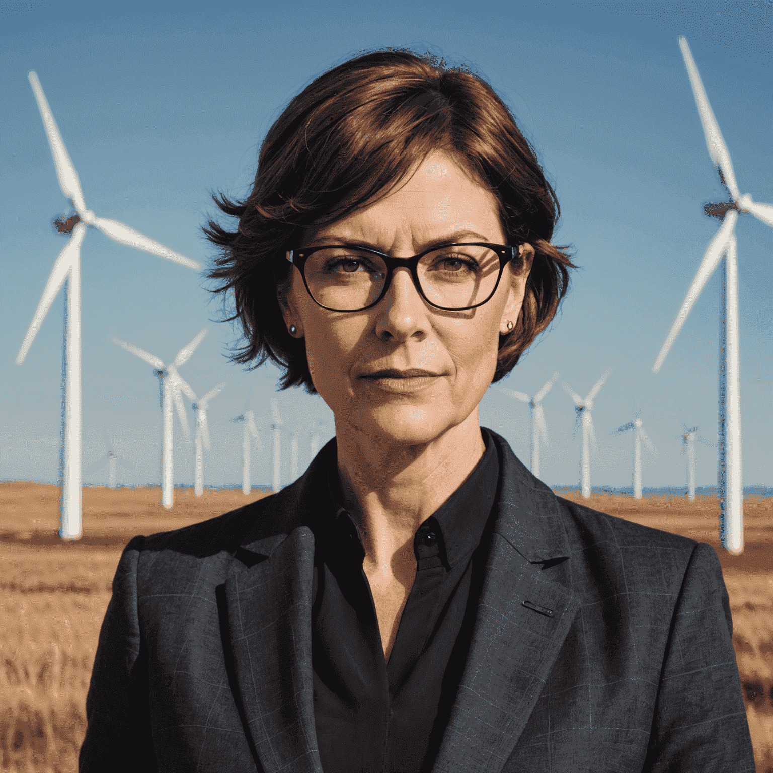 Portrait of Jane Doe, a woman in her 40s with short brown hair and glasses, wearing a professional dark suit, standing in front of a wind farm