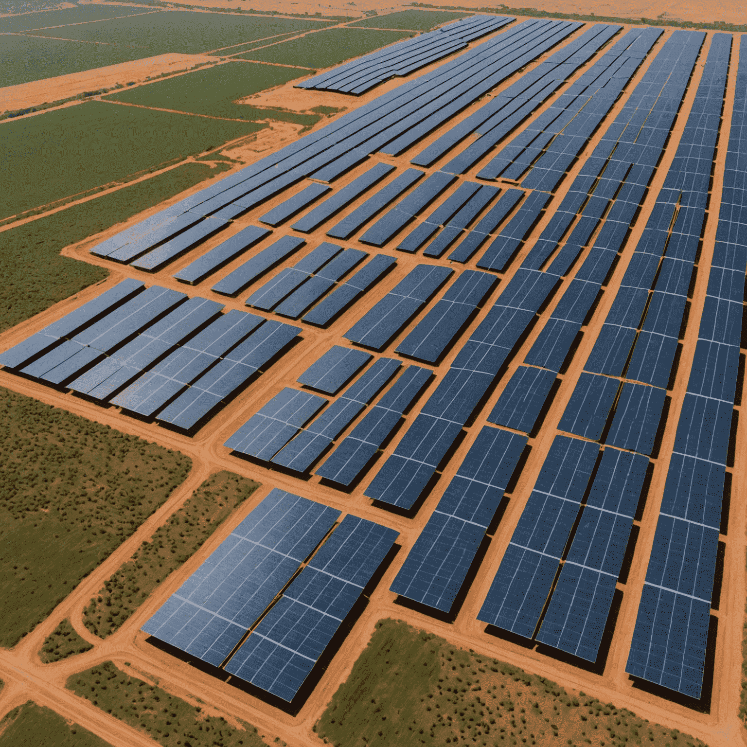 Aerial view of a large solar farm in South Africa with rows of photovoltaic panels stretching across a sunny landscape