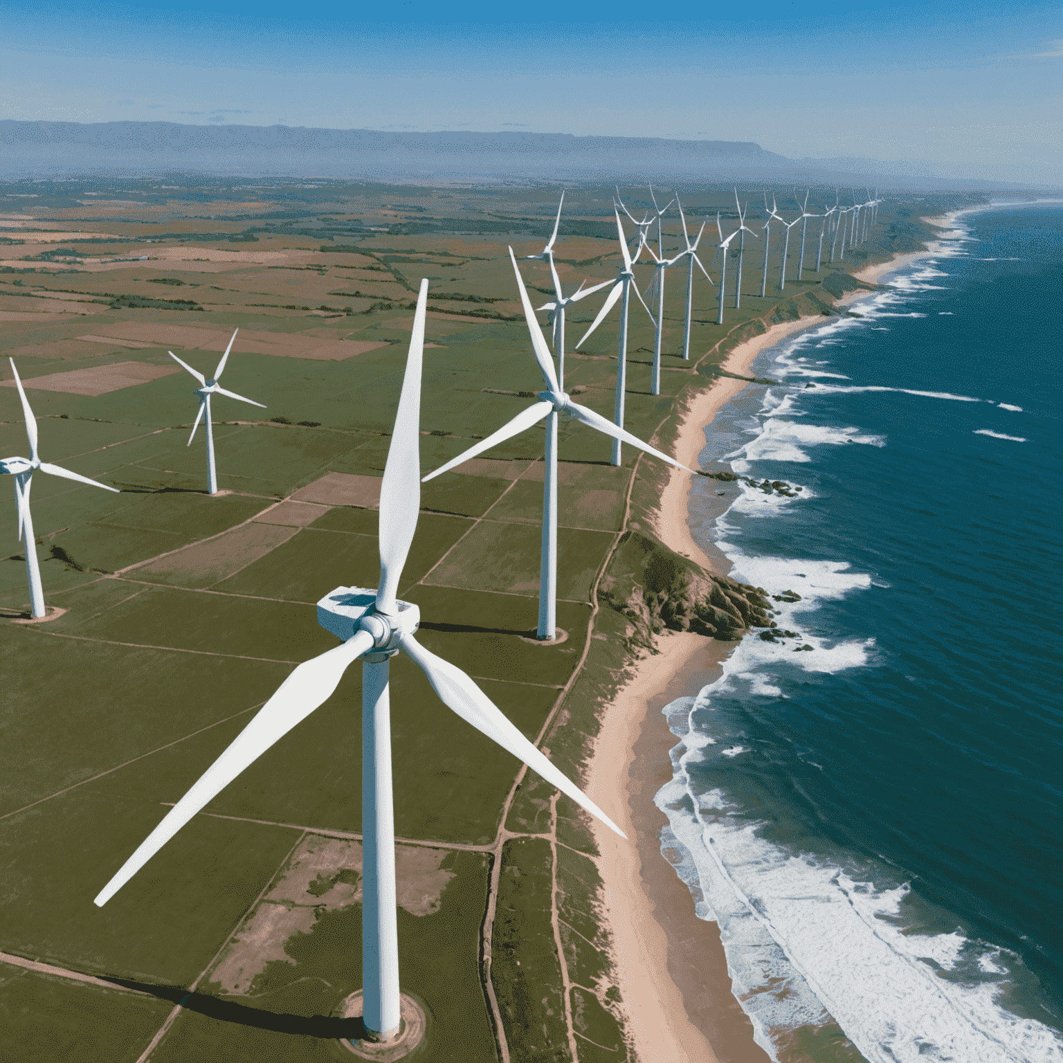 Aerial view of wind turbines along South Africa's coastline, showcasing the potential for wind energy harvesting