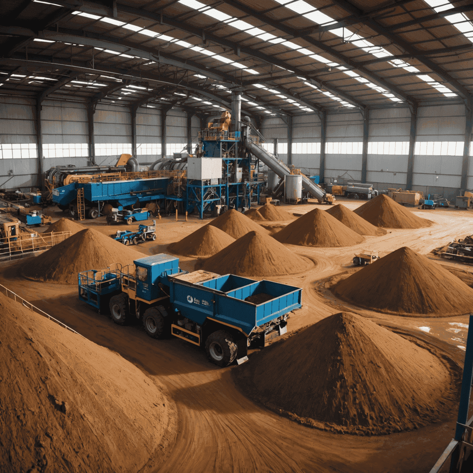 A large biomass processing facility in South Africa, with piles of organic waste being converted into energy. Workers can be seen operating machinery and managing the process.