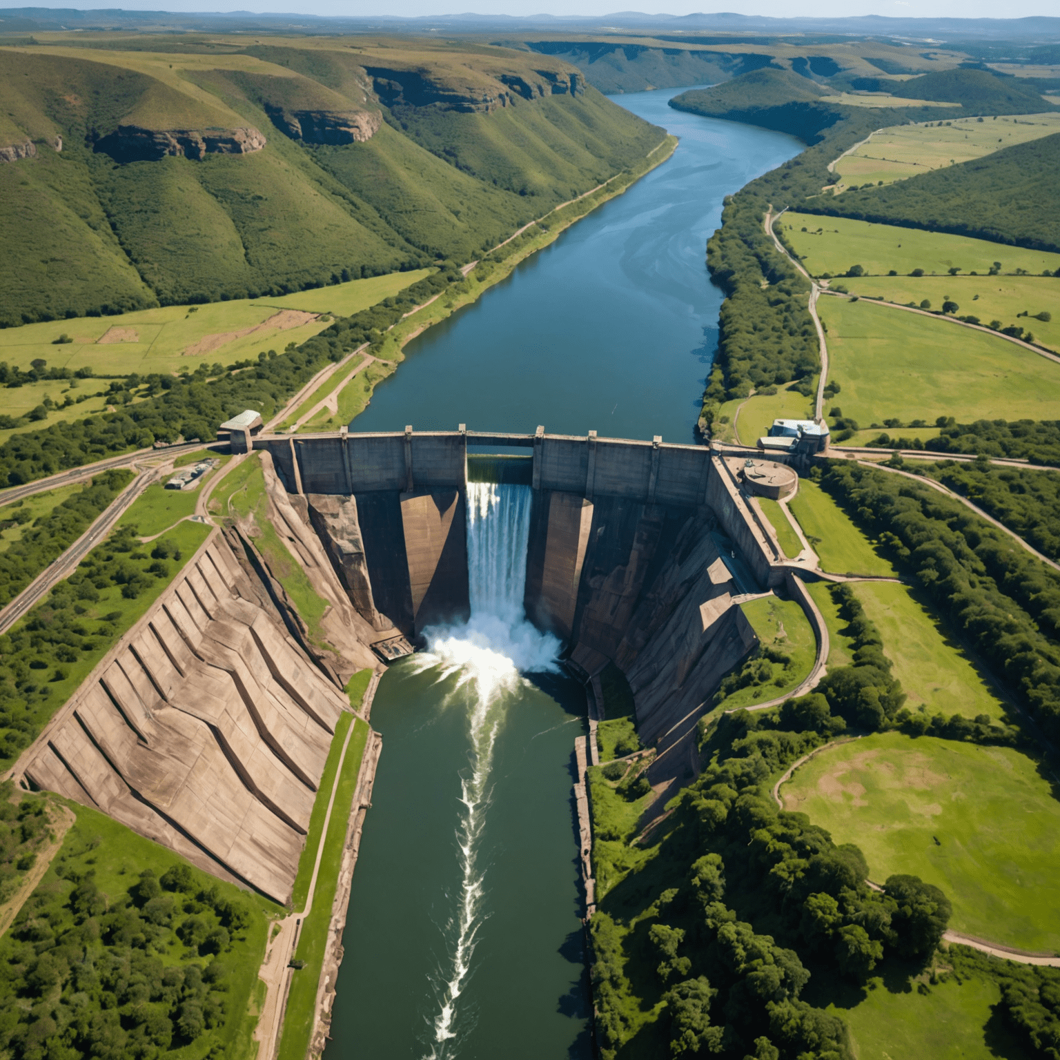 Aerial view of a large hydroelectric dam on a South African river, surrounded by lush green landscape