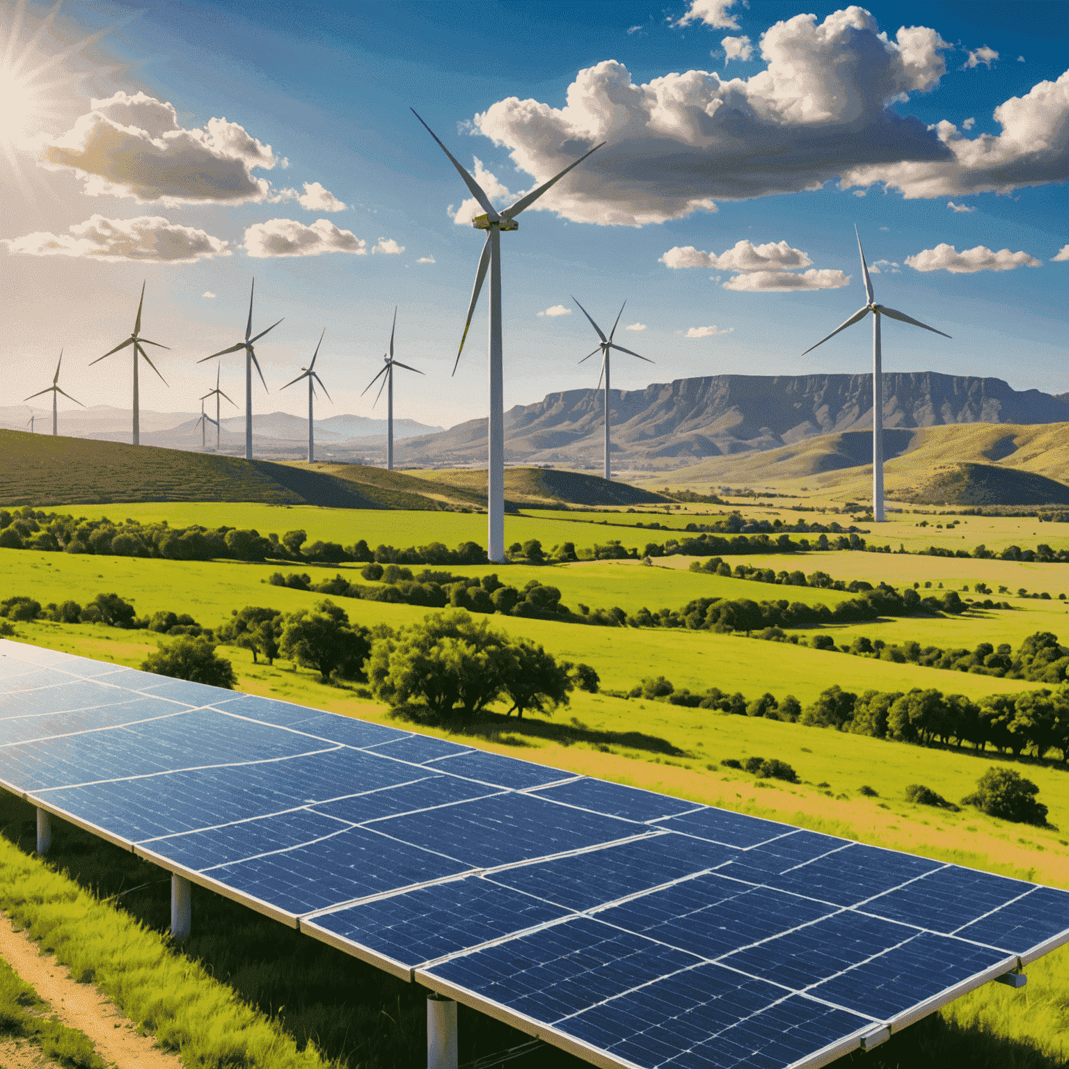 Solar panels and wind turbines in a South African landscape, with financial graphs and charts overlaid, representing green financing for renewable energy projects