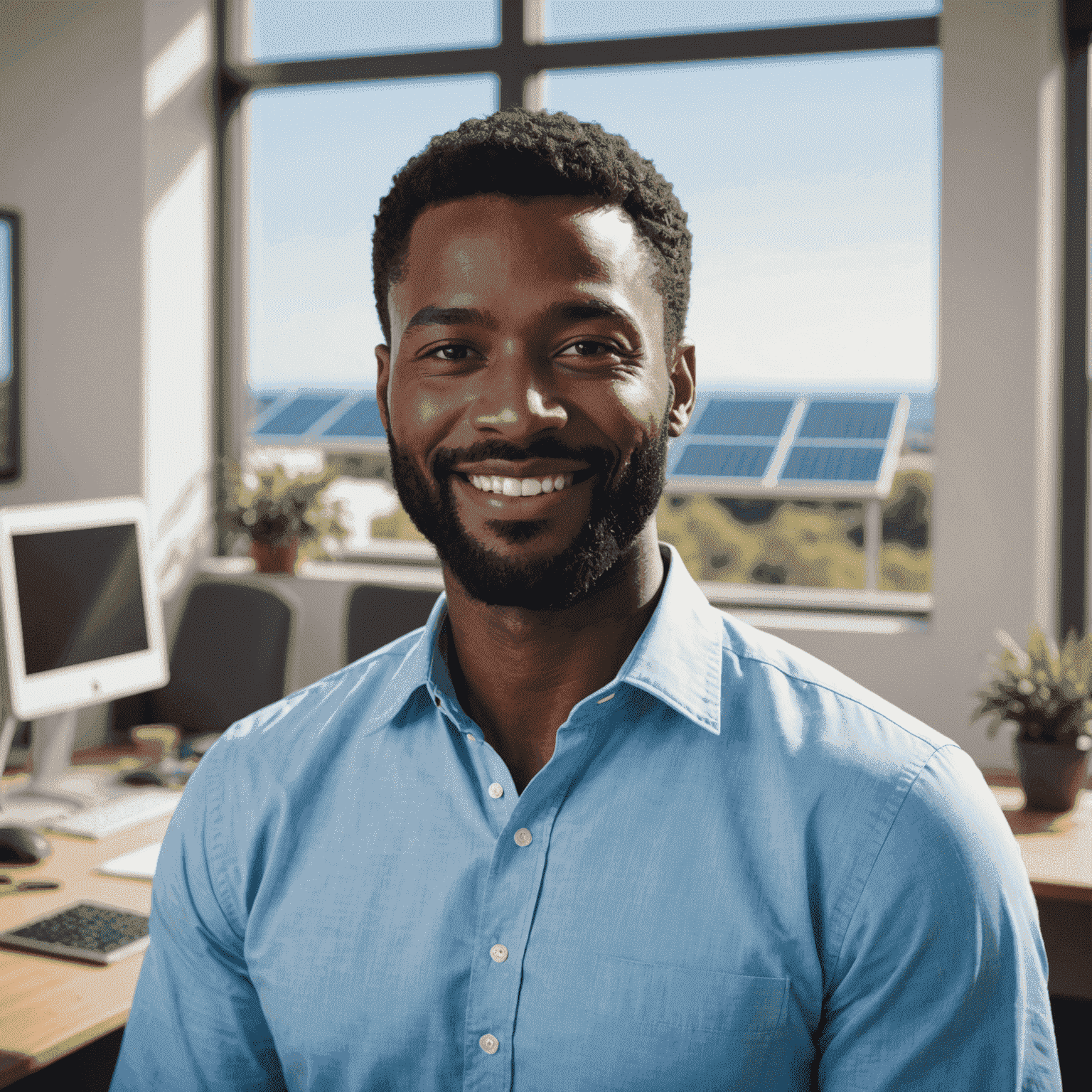 Portrait of John Smith, a man in his 30s with dark skin and a neatly trimmed beard, wearing a light blue shirt, smiling confidently in an office setting with solar panels visible through a window