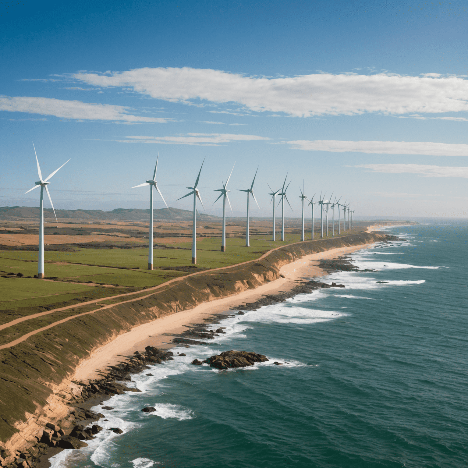 Panoramic view of the Jeffreys Bay Wind Farm with turbines in operation against a coastal backdrop