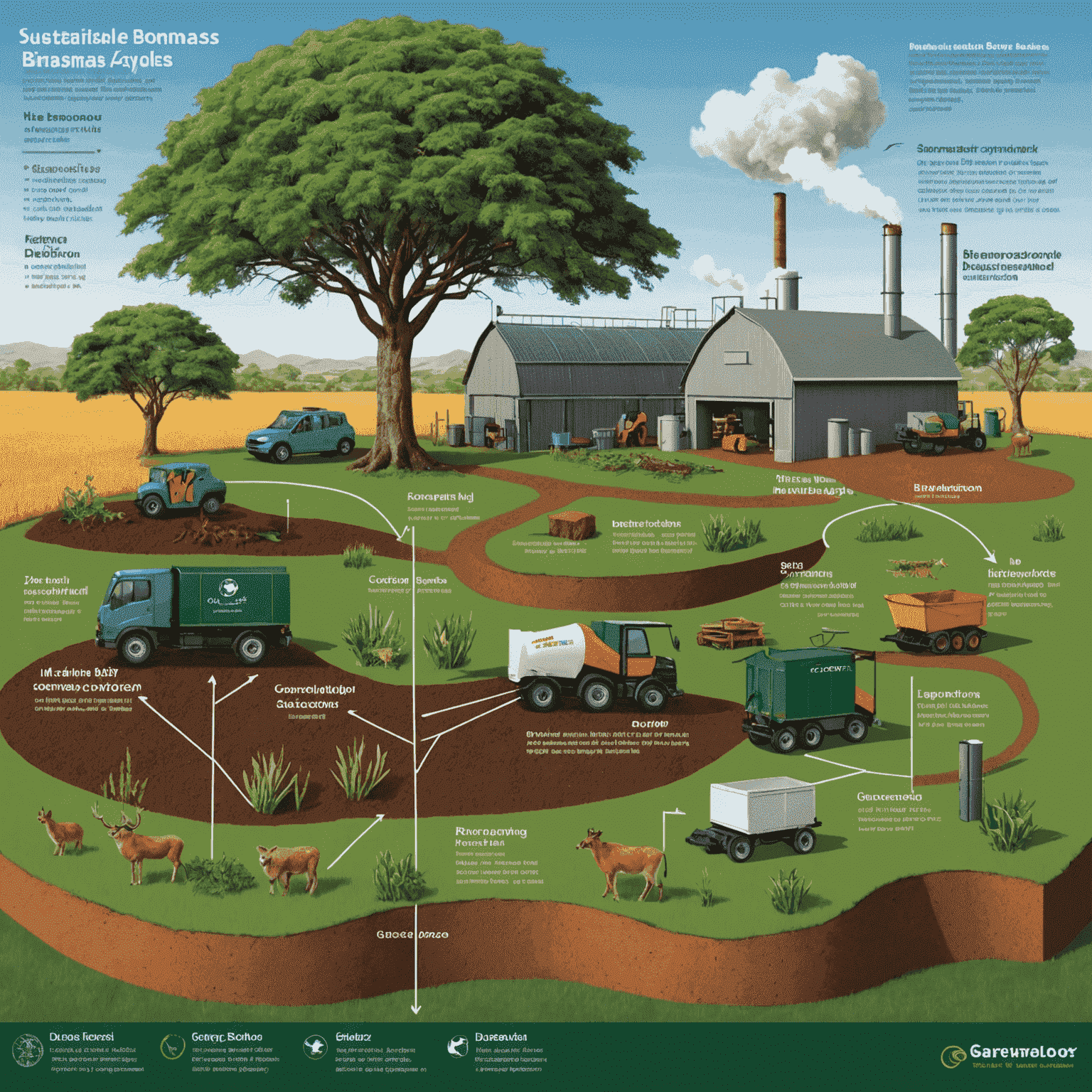 A diagram showing the sustainable biomass production cycle in South Africa, from waste collection to energy generation and distribution.