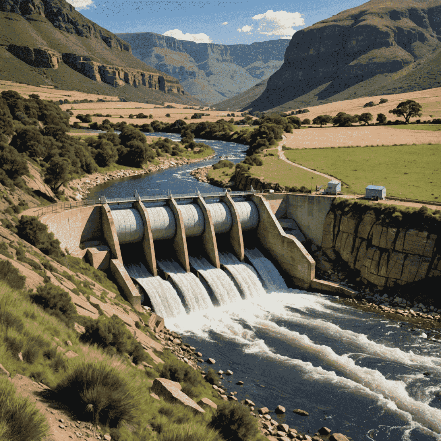 A small-scale hydropower installation on a fast-flowing river, with turbines visible and surrounded by rural South African landscape